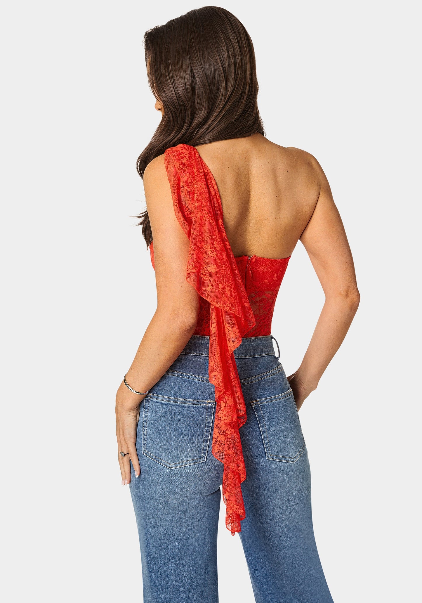 One Shoulder Ruffle Lace Bodysuit