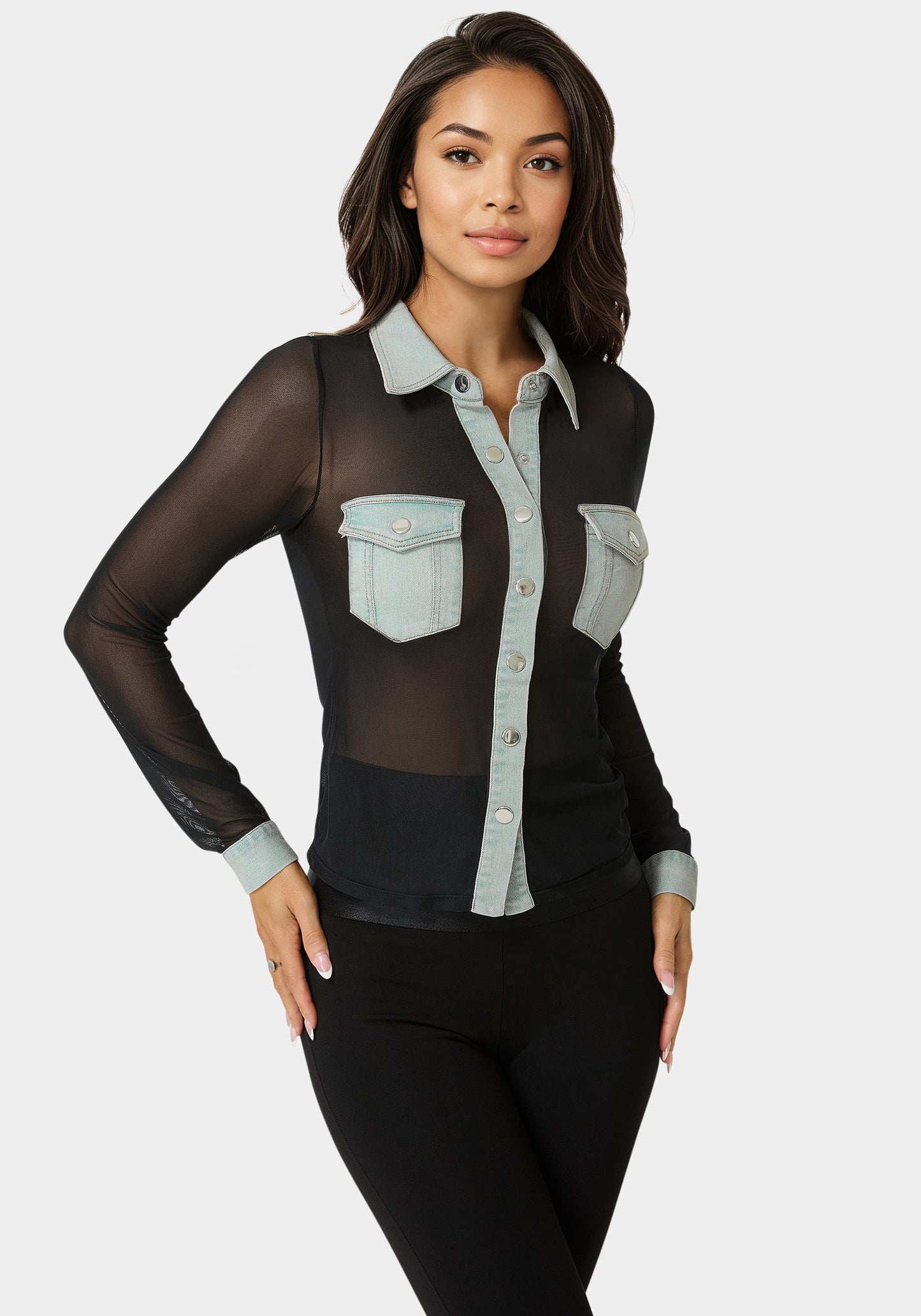 Button Down Mesh Denim Top