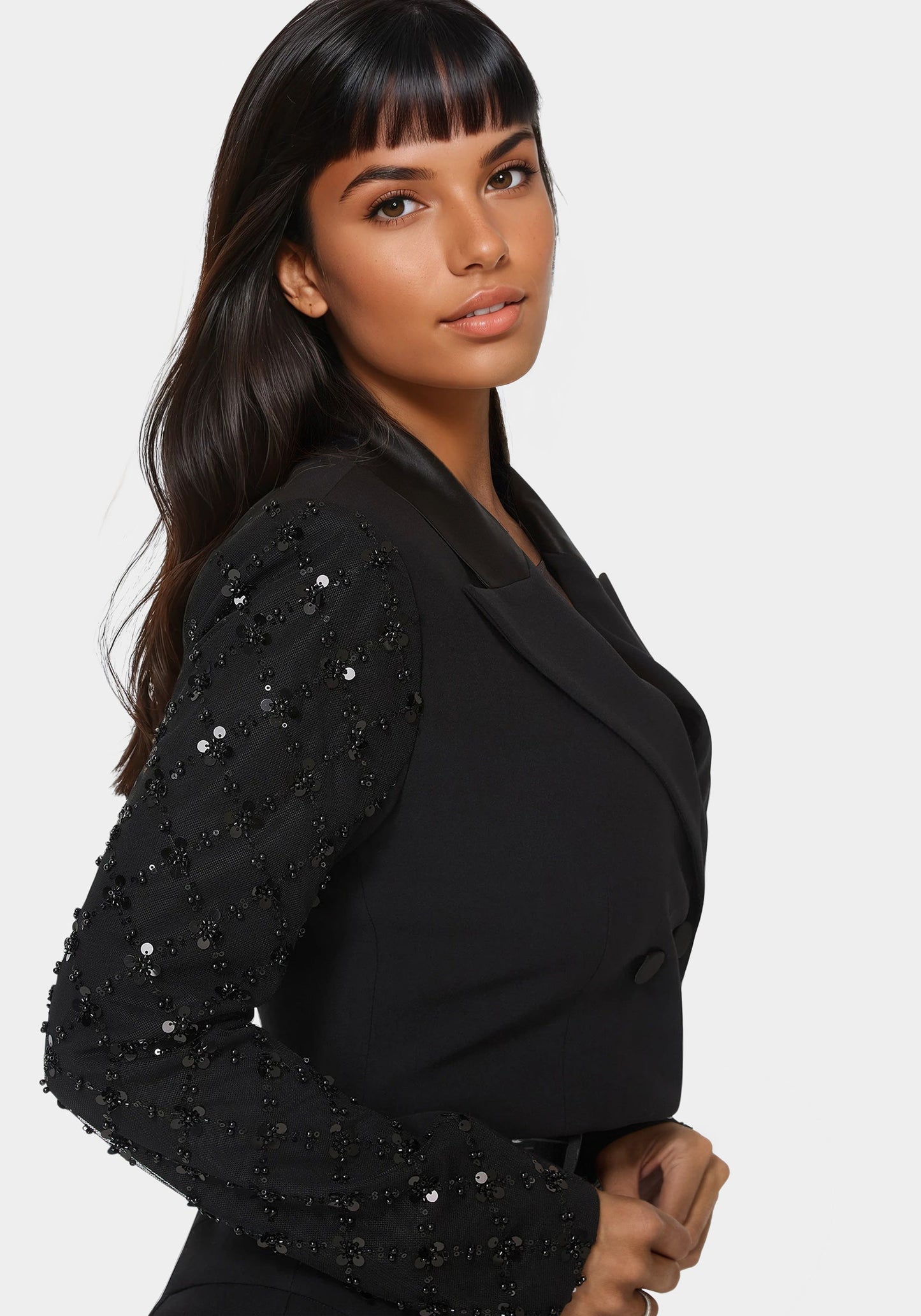 Tailored Beaded Sleeves Cropped Blazer