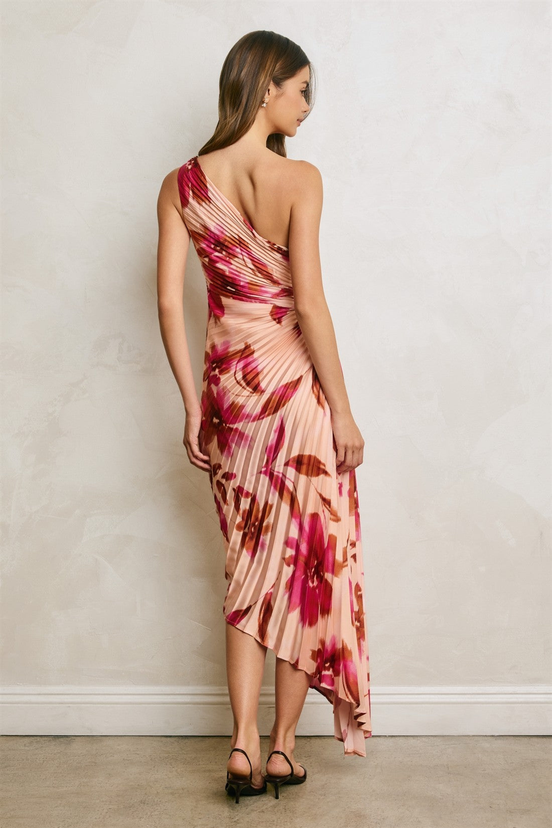 Lucinda Sleeveless One Shoulder Pleated Floral Print Maxi Dress Pink
