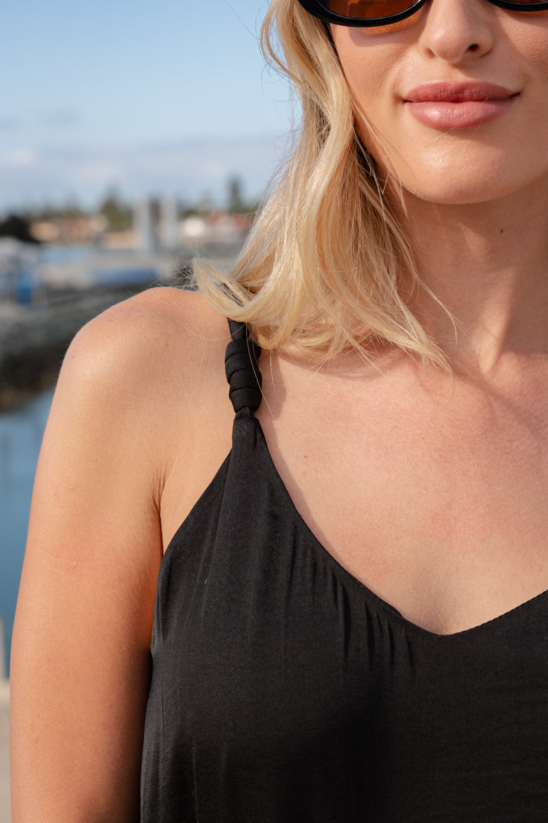 Adelia Sleeveless Satin Tank Top Black