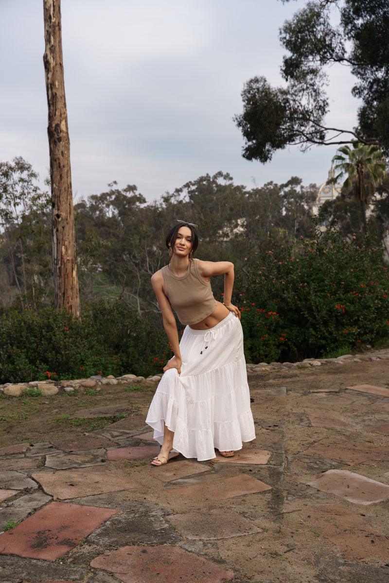 Brenna High Waist Tiered Maxi Skirt White
