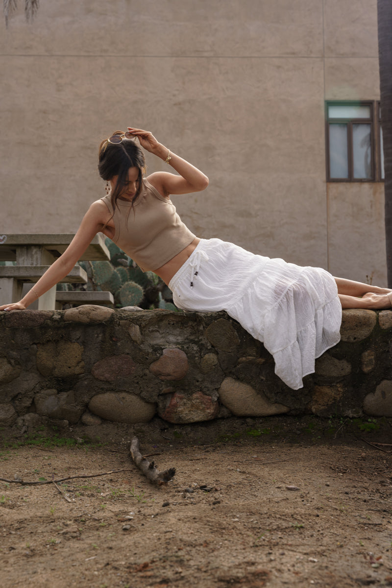 Brenna High Waist Tiered Maxi Skirt White