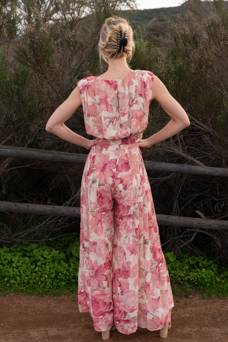 Marlo Sleeveless Floral Print Pleated Top Pink