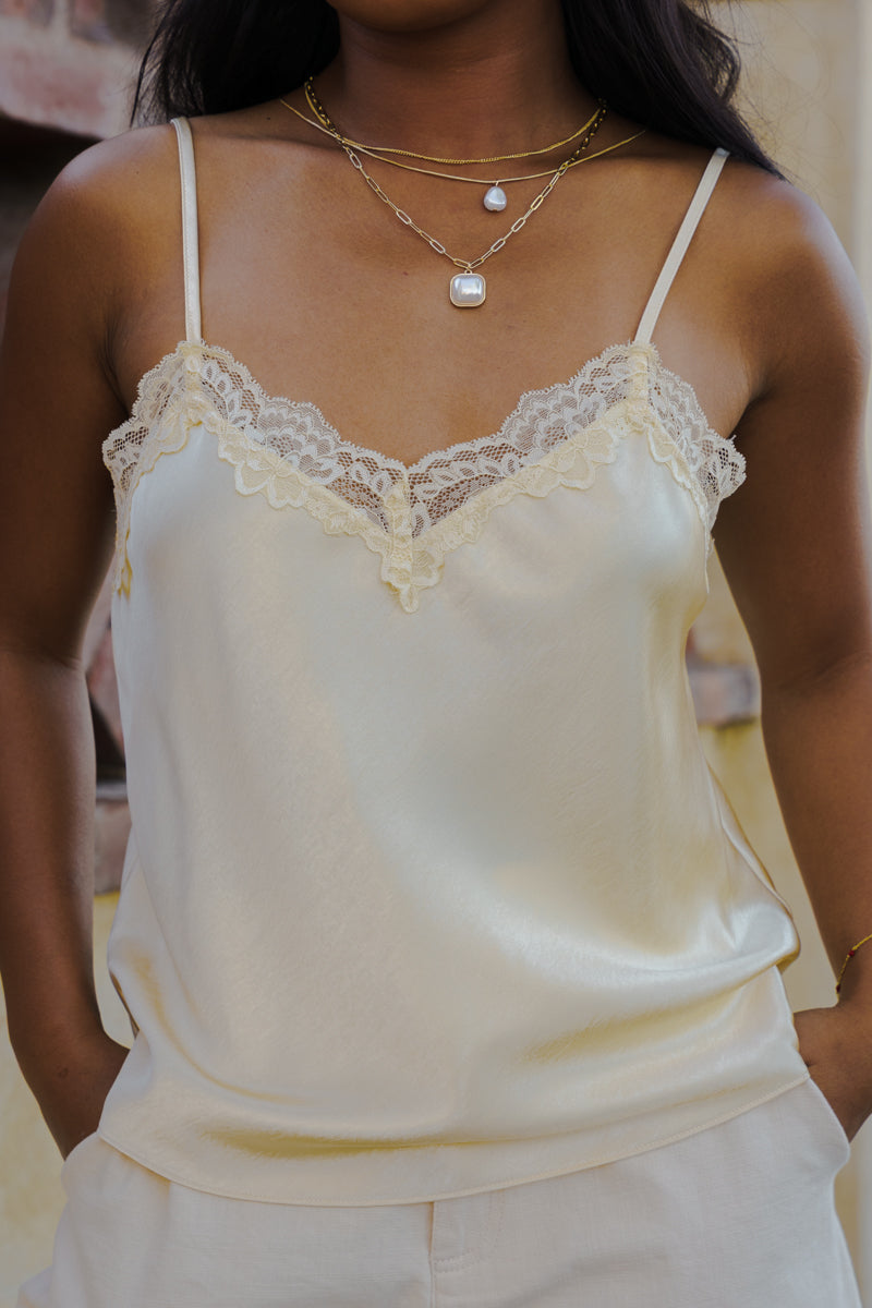 Reba Sleeveless Lace Trim Satin Cami Top Yellow