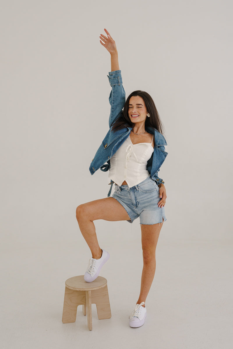Teresa High Rise Raw Hem Denim Shorts Light Wash