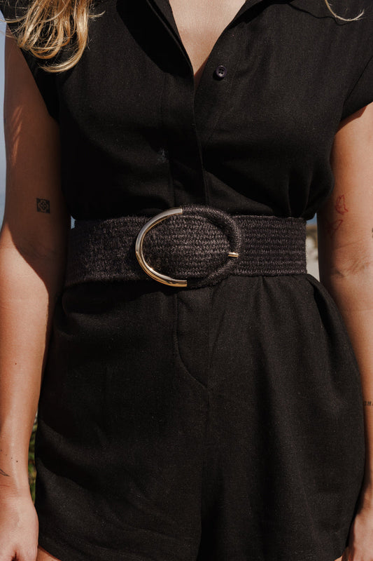 Sabine Two Tone Buckle Straw Waist Belt Black