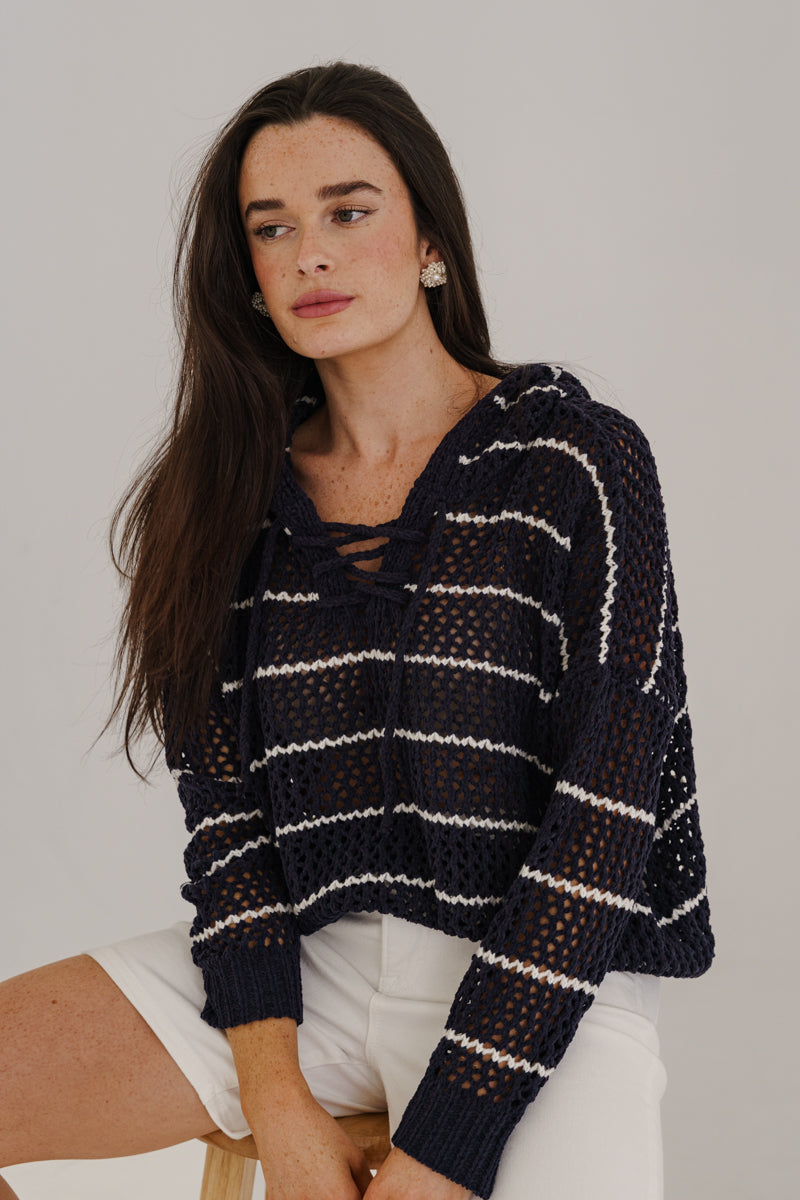 Bailey Long Sleeve Open Cable Knit Hoodie Sweater Navy