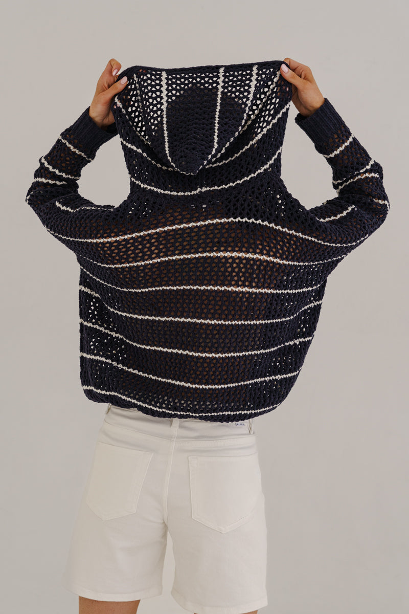 Bailey Long Sleeve Open Cable Knit Hoodie Sweater Navy
