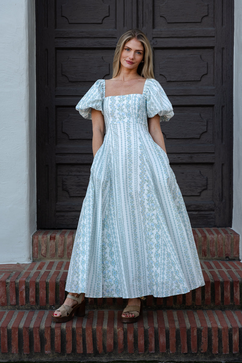Stella Short Puff Sleeve Floral Print Midi Dress Blue