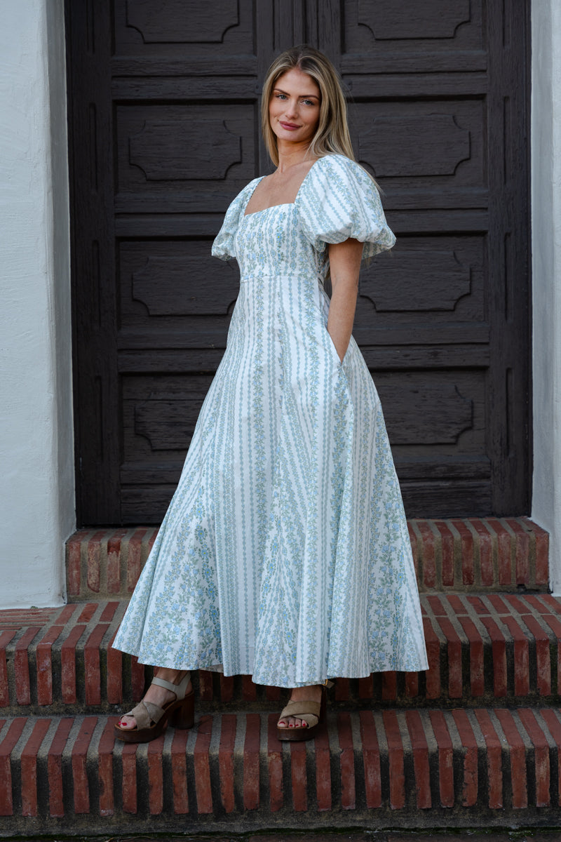 Stella Short Puff Sleeve Floral Print Midi Dress Blue