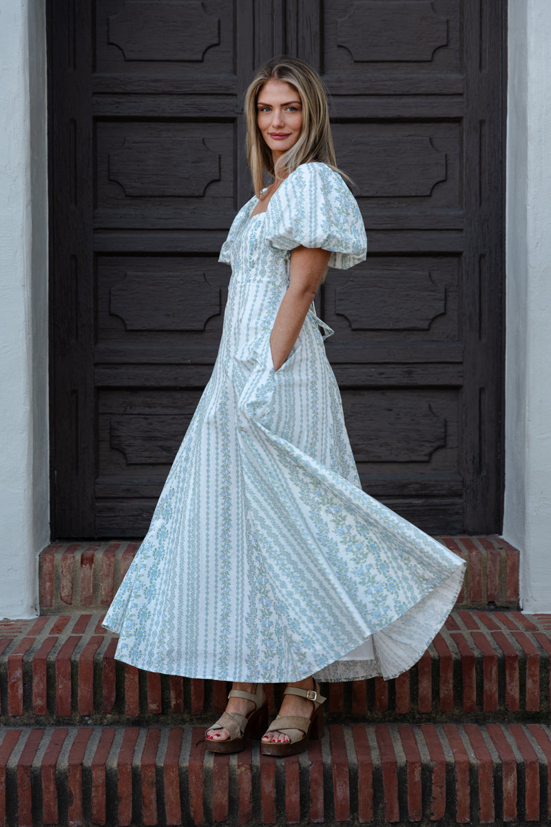 Stella Short Puff Sleeve Floral Print Midi Dress Blue