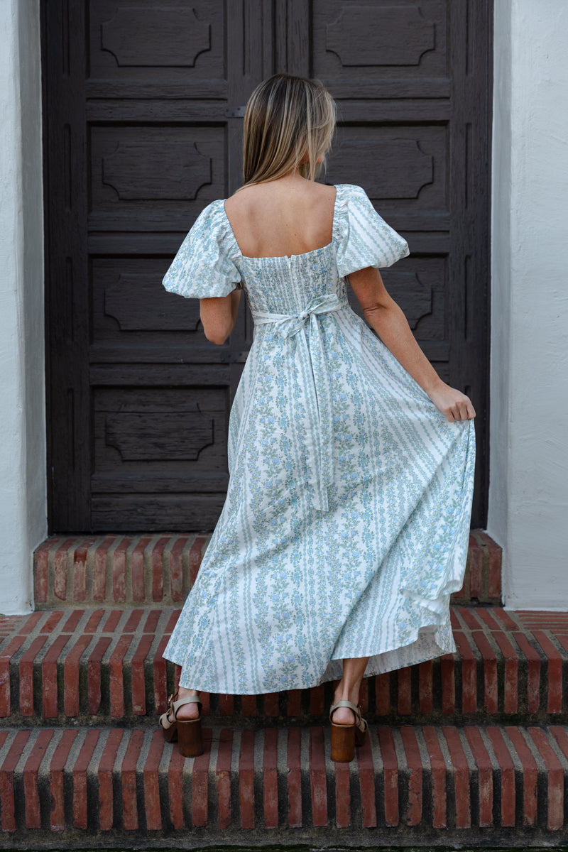 Stella Short Puff Sleeve Floral Print Midi Dress Blue