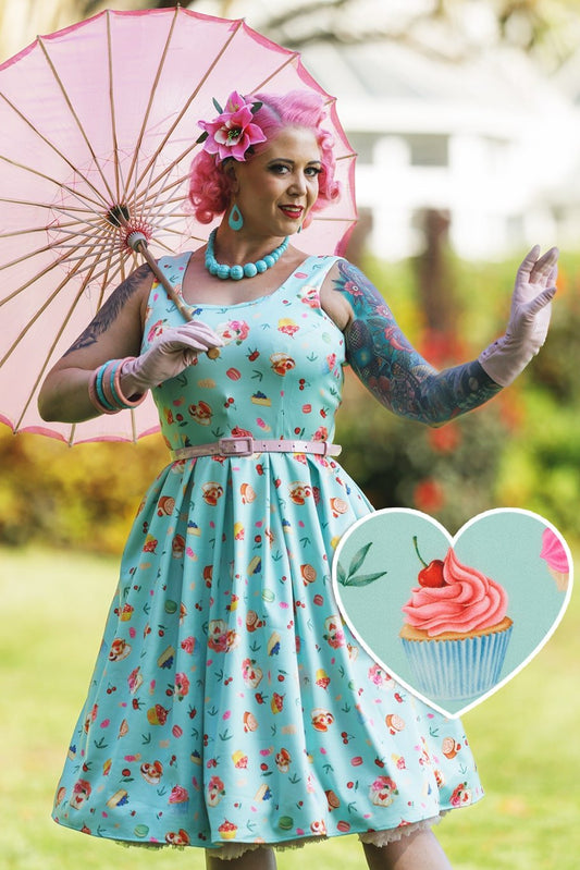 Amanda 50's Afternoon Tea Dress In Blue Cake Print
