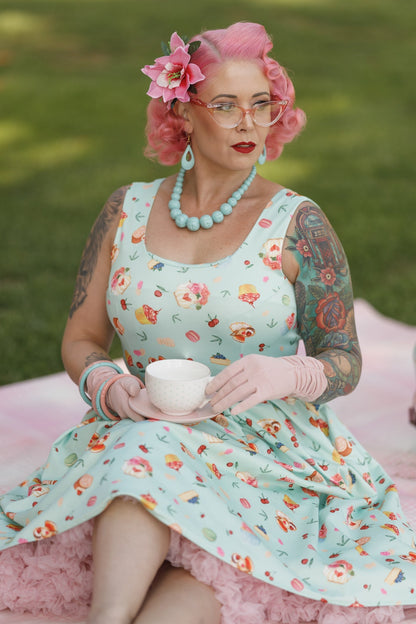Amanda 50's Afternoon Tea Dress In Blue Cake Print