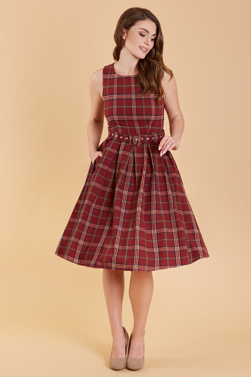 Annie Retro Burgundy Tartan Swing Dress