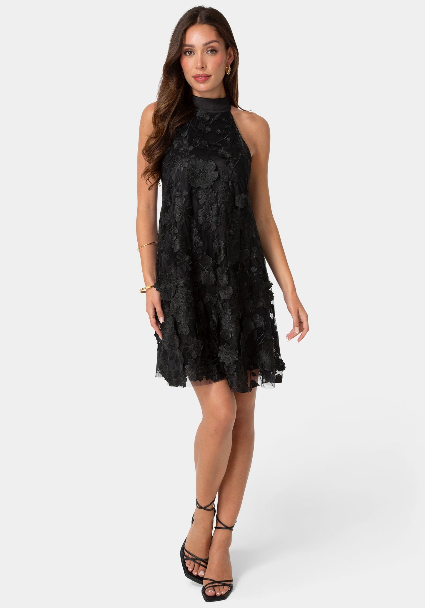 Floral Embroidered Halter Swing Dress