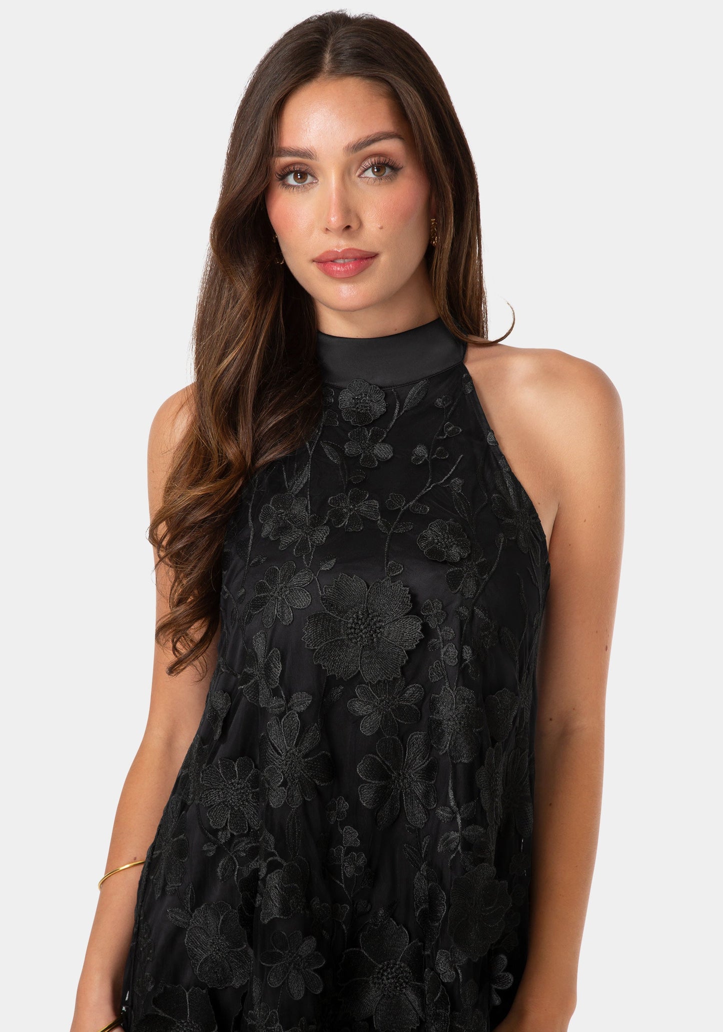 Floral Embroidered Halter Swing Dress