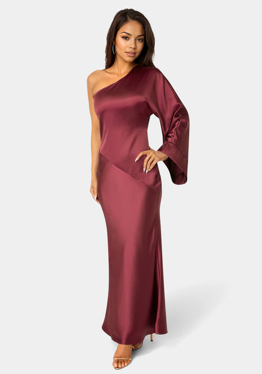 One Shoulder Bell Sleeve Satin Maxi Dress