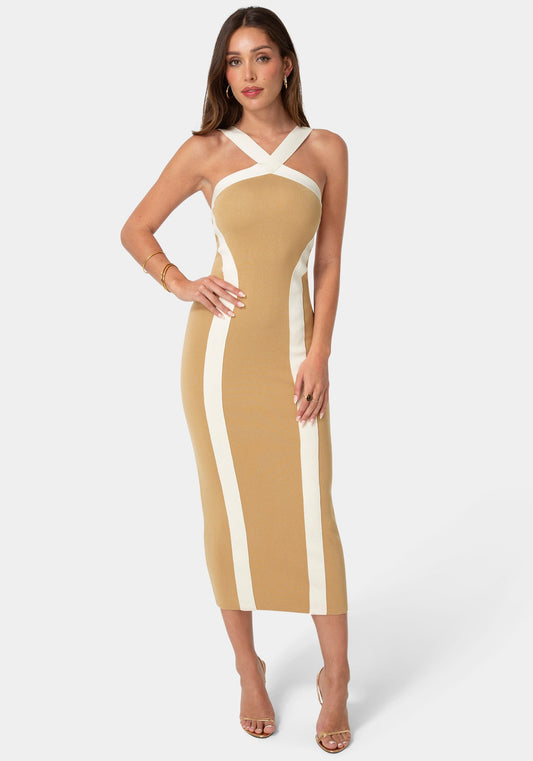 Sweater Contrast Halter Maxi Dress