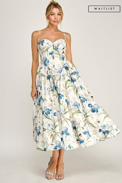 Waitlist 7/5 • Stassi Sleeveless Elegant Petal Floral Print Midi Dress Blue