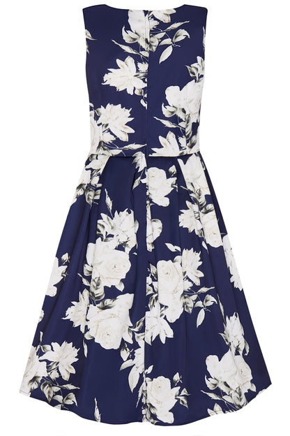 Annie Retro White Navy Rose Swing Dress