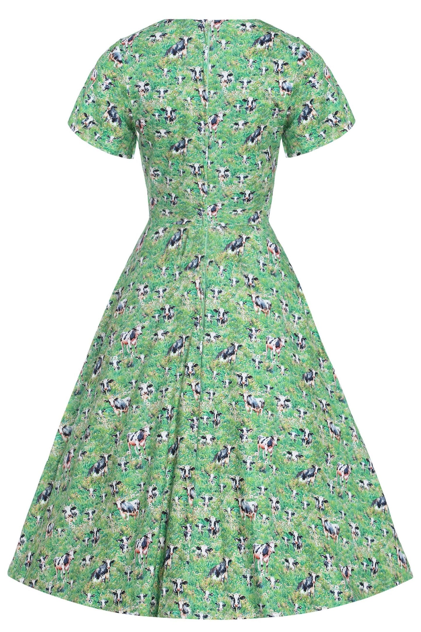 Palma Short Sleeved Tea Dress in Green Cow Field Print