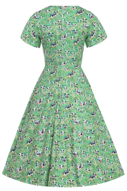 Palma Short Sleeved Tea Dress in Green Cow Field Print