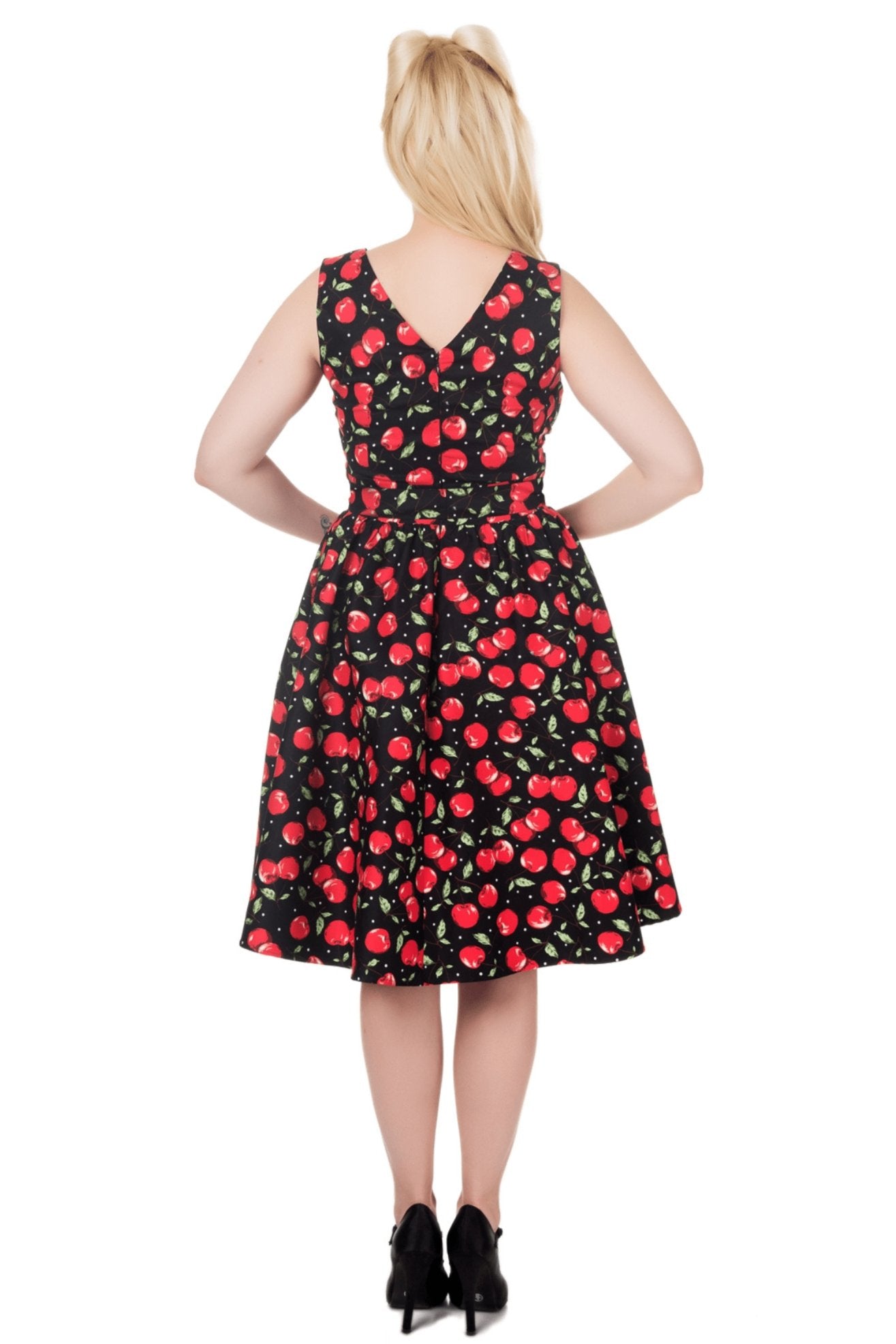 May Cherry Print V Neck Flared Dress
