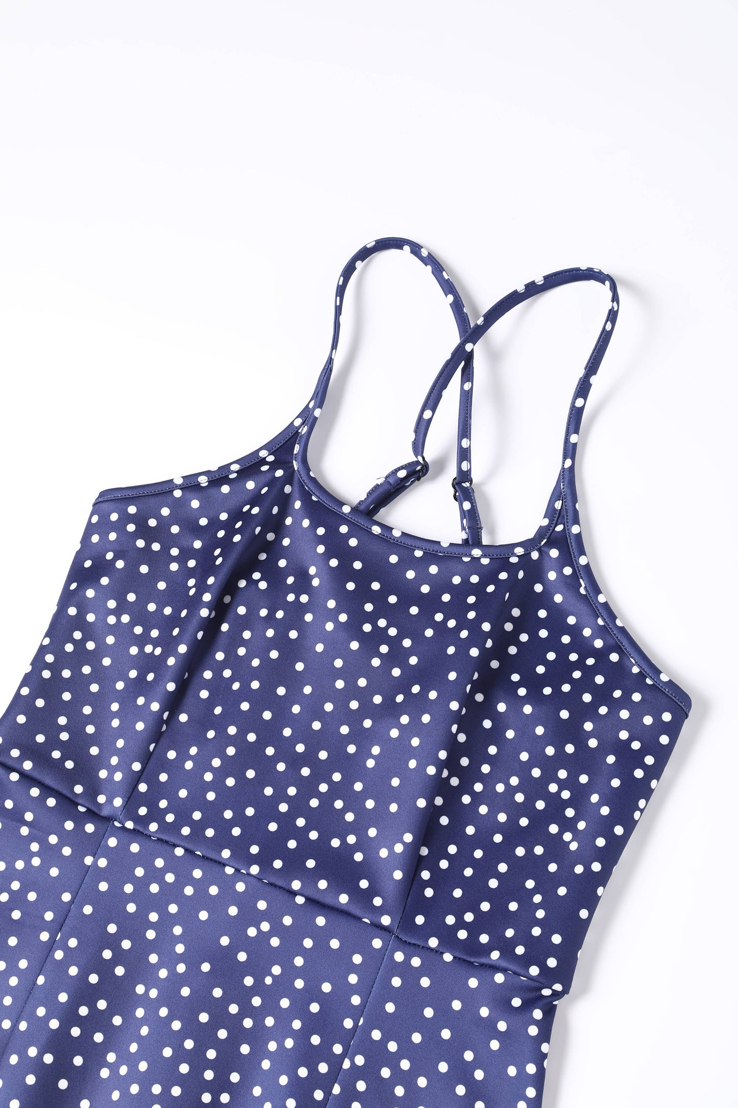 Norma Cross Strap Fitted Dress in Blue Polka Dots