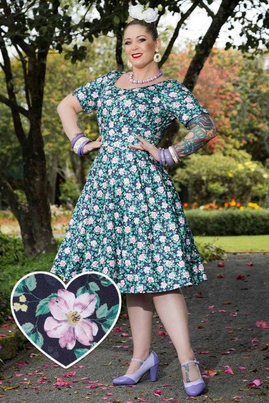 Brenda Black/Purple Floral Flared Day Dress