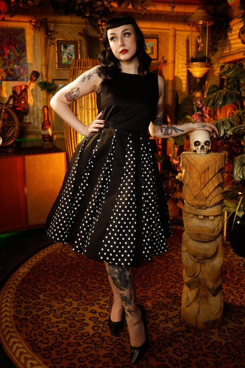 Judith Retro Pleated Black Dress With Polka Dots