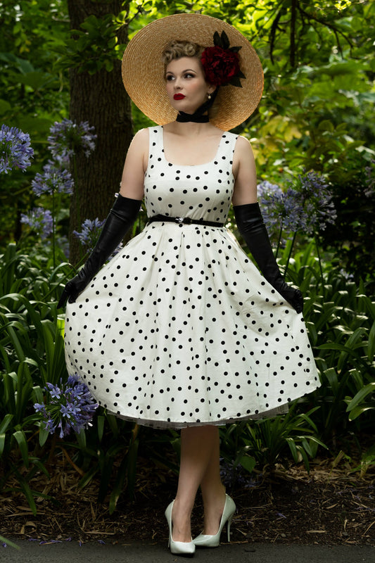 Amanda Scoop Neck Polka Dot Swing Dress in White-Black
