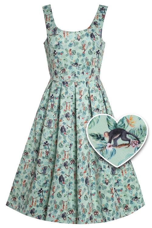 Amanda Light Green Pleated Dress in Monkey Print