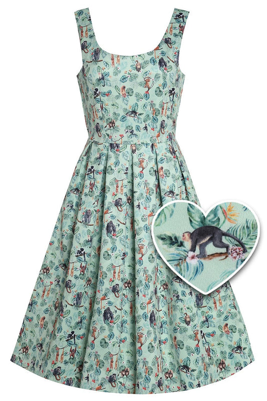 Amanda Light Green Pleated Dress in Monkey Print