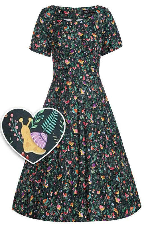 Brenda Black Snail Garden Flared Dress