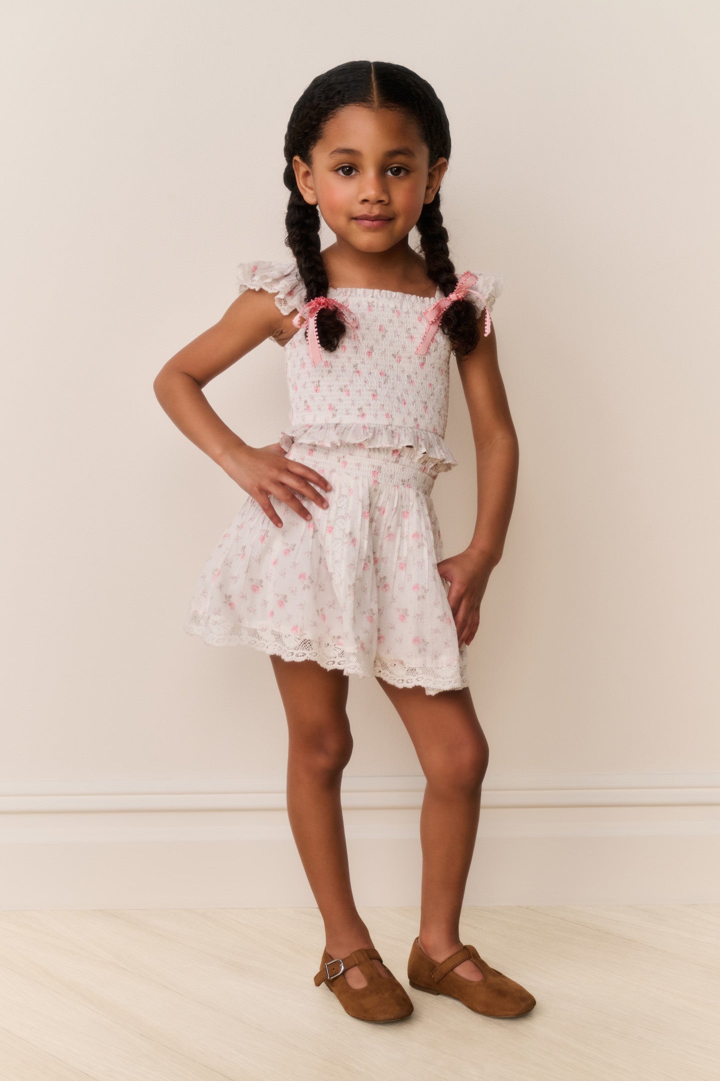 Little Girls Jeanna Floral Cotton Top - SUNWASHED IVORY