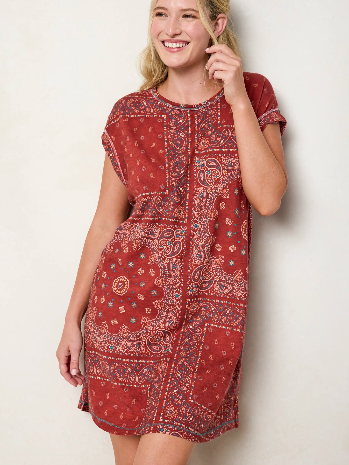 Frankie Knit Cotton Tee Mini Dress - Red Bandana Scarf