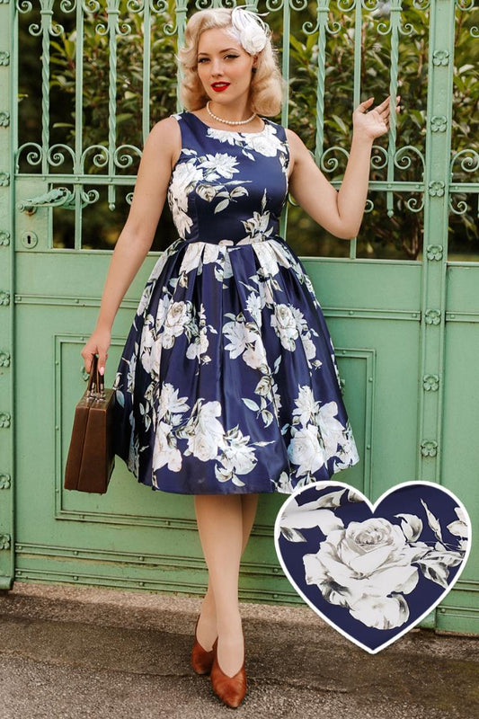 Annie Retro White Navy Rose Swing Dress