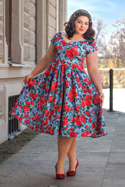 Lily Pink Peony Off Shoulder Dress In Blue