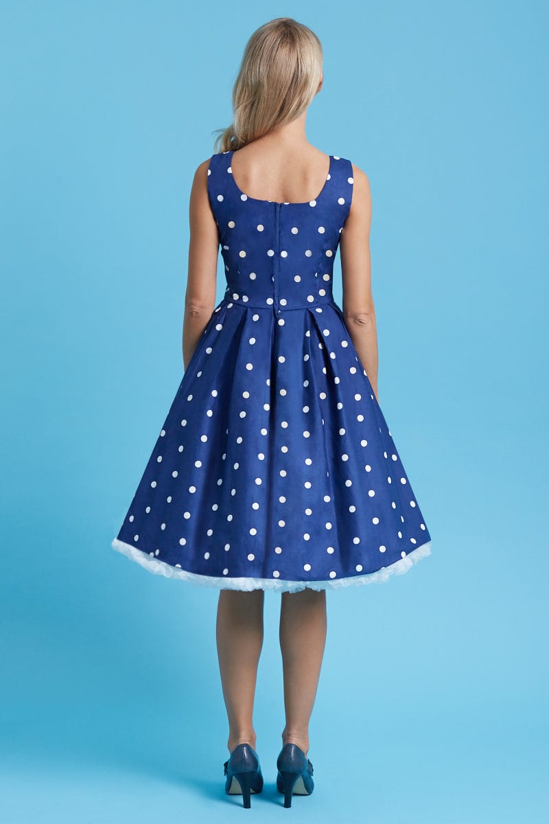 Amanda Scoop Neck Swing Dress Blue-White Polka Premium Cotton