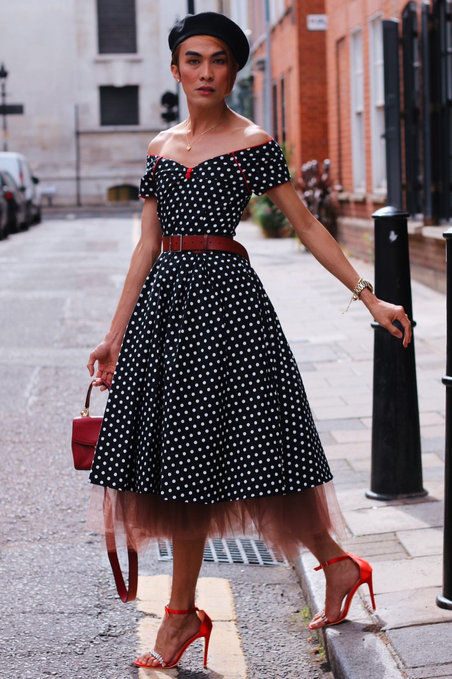 Lily Off Shoulder Black & White Polka Swing Dress