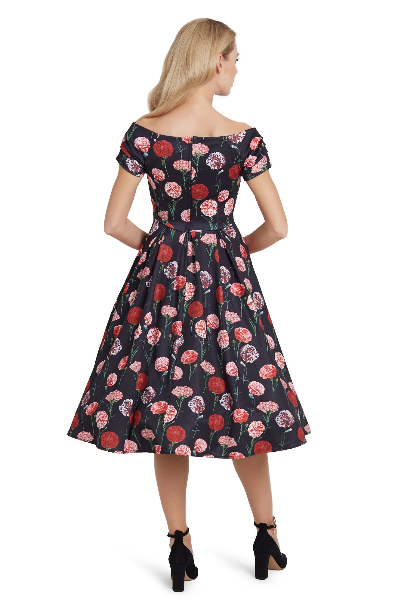 Lily Off Shoulder Peony Swing Dress in Black