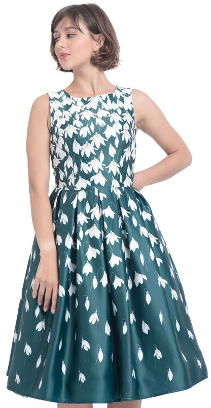 Annie Retro Flared Dress in Myrtle Green with Snowdrop Tulip Print