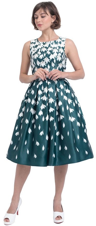 Annie Retro Flared Dress in Myrtle Green with Snowdrop Tulip Print