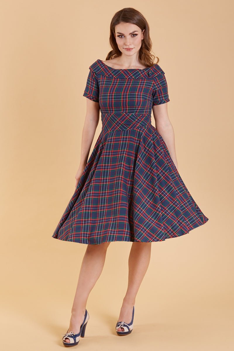 Darlene Retro Navy & Red Tartan Swing Dress