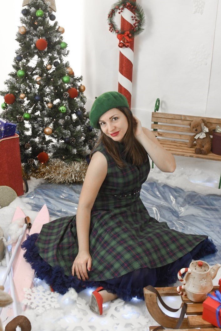Poppy Retro Shirt Swing Dress in Green Tartan