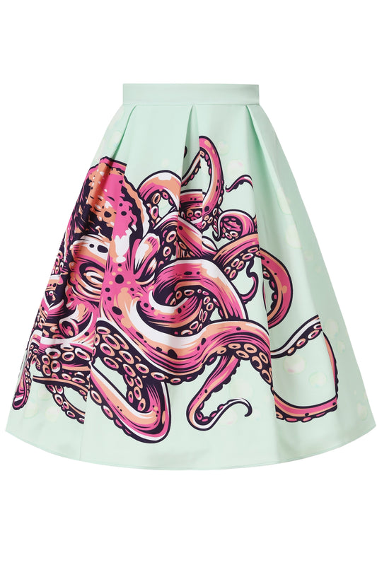 Aisley Octopus Box Pleated Skirt In Mint Green