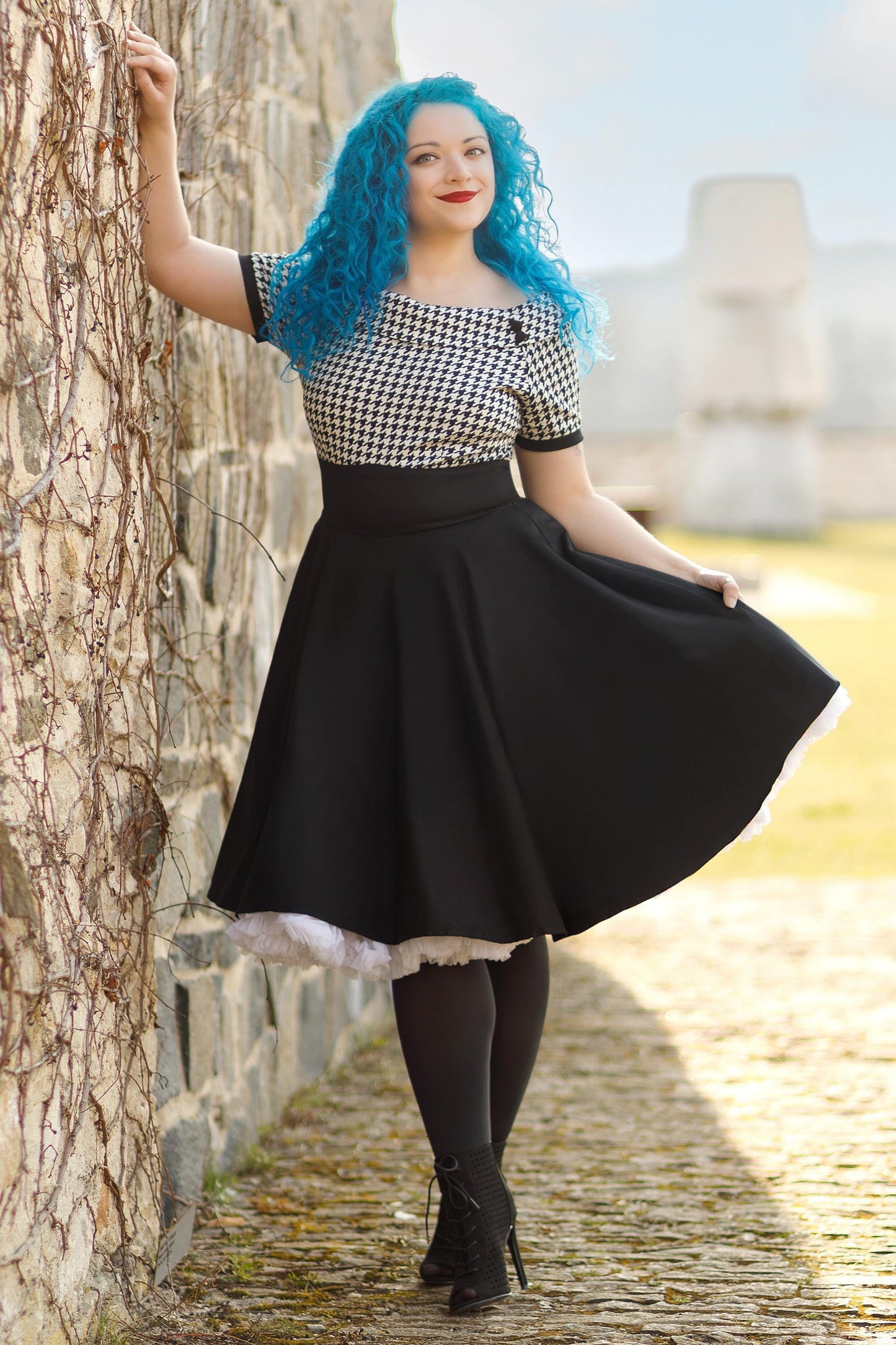 Darlene Houndstooth Roll Collar Circle Dress
