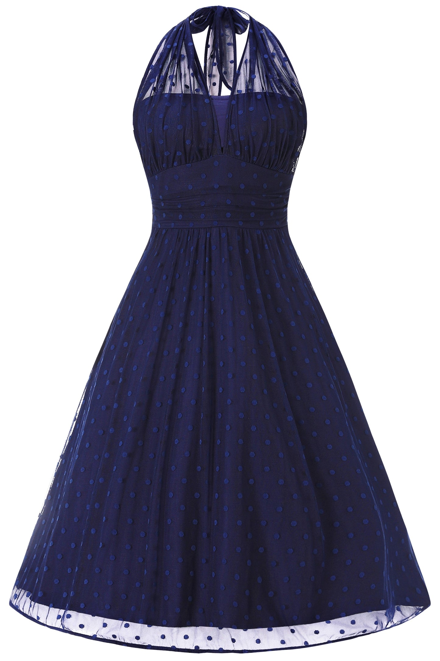 Dorothea Navy Blue Polka Dot Mesh Halter Dress